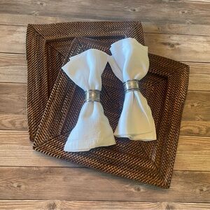Williams Sonoma Hand-Woven Rattan Chargers • Linen Napkins & Napkin Rings